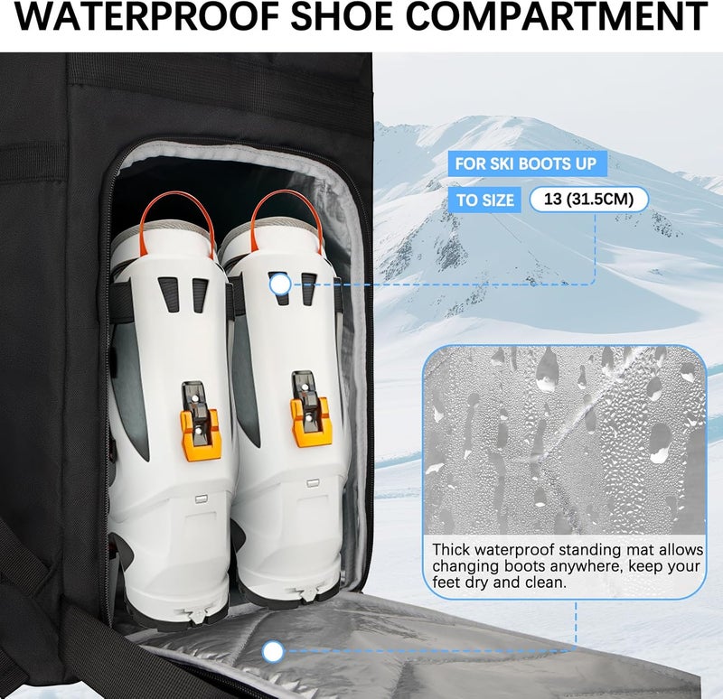 Tenfly Ski Boot Bag,65L Snowboard Boot Bag for Air Travel,Padded Ski Bakcpack for Helmet, Goggles, Gloves, Skis - Image 5